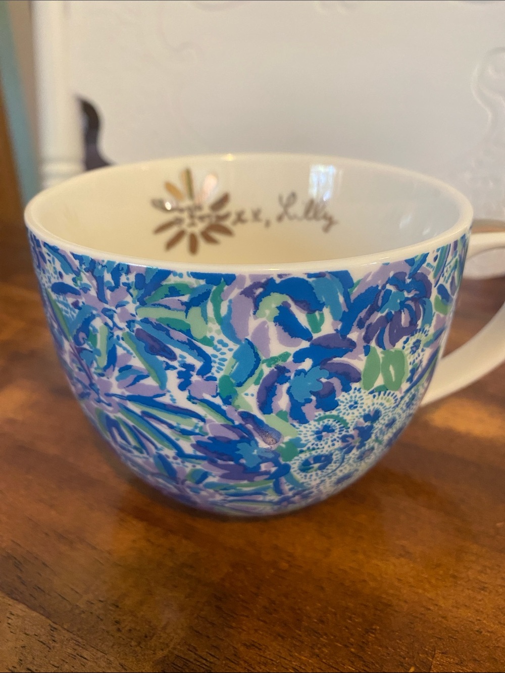 Lilly Pulitzer Blue, Green & Purple Floral Pattern Ceramic Mug with Gold Accent